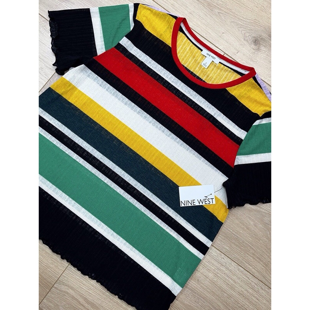 Nine West Womens Striped Tee Large Ringer‎ Neck Short Sleeve Top Colorful Casual